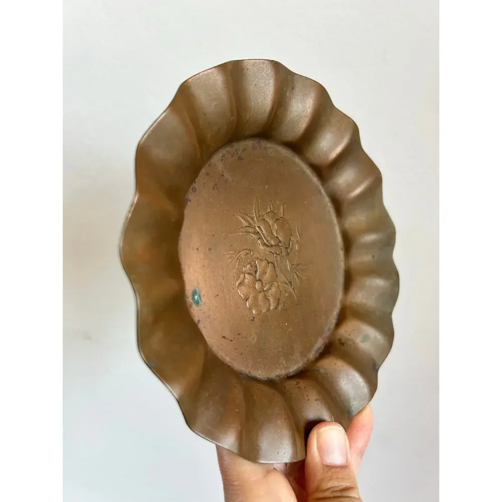 Vintage Copper Scalloped Dish Embossed Floral Poppy Design Trinket Tray